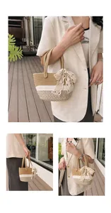 Detailed view of woven straw tote bag with lace bow and sturdy round handles