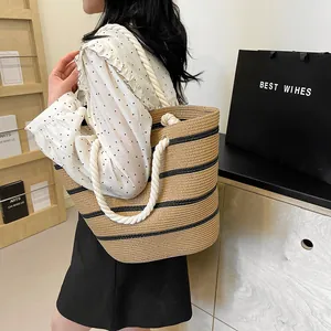 Sac Cabas pour Femme en Paille Tissée à la Main Grande Capacité Rayé Sac de Plage d'Été Avec Poignée en Corde Sac à Épaule Décontracté pour Vacances