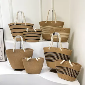 Grand sac cabas en paille fait main avec anses en coton pour la plage et les loisirs