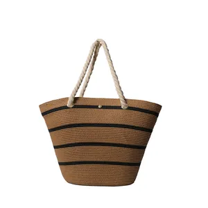 Grand sac cabas en paille tressée avec rayures noires et anses en corde de coton