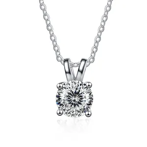 Classic S925 Sterling Silver Round Moissanite Pendant Necklace With 1 Carat Color Stone Simple 4 Prong Solitaire Jewelry For Women Wedding Gift
