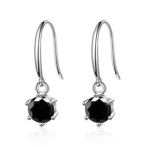 Elegant S925 sterling silver drop earrings featuring six-prong set black moissanite stones