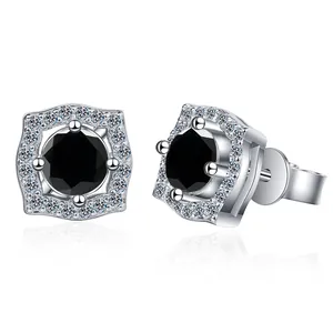 Γεωμετρικά σκουλαρίκια moissanite από ασήμι S925 με μεγάλη κεντρική μαύρη πέτρα