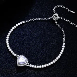 Bracelet Tennis en Argent Sterling 925 Coeur Moissanite Zirconia pour Femme Halo Réglable Fermoir Bolo Bijoux Elégants