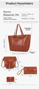 Detailed size guide of brown 4-piece PU leather tote bag set with measurements