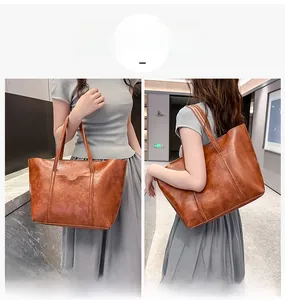 Brown retro tote bag showing dual carrying options as a handheld and shoulder bag