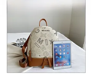 Mini PU leather backpack size comparison with iPad showing beige letter print design