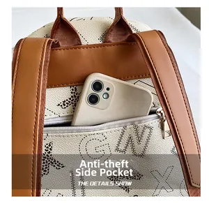 Detail view of anti-theft side pocket on vintage backpack with smartphone storage