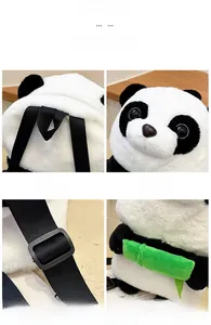 Close-up of panda plush backpack features, adjustable straps, and soft texture details