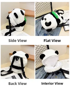 Detailed views of panda plush backpack showing interior space and adjustable straps