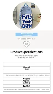Detailed size specifications for the light blue 30x13x43cm nylon student backpack