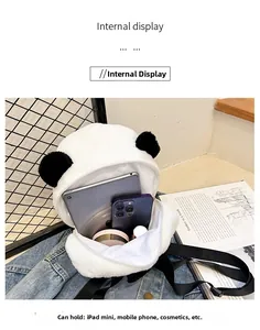Internal display of plush panda backpack showing capacity for iPad mini and cosmetics