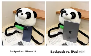 Plush panda backpack size comparison with iPhone 14 and iPad mini for scale
