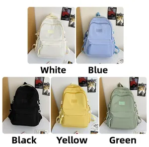 Collage showing five minimalist nylon backpacks in white, blue, black, yellow, and green