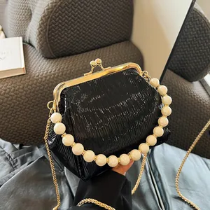 Women's Pleated Shell Evening Bag With Faux Artificial Pearl Handle PU Leather Kiss Lock Crossbody Bag Gold Silver Banquet Party Bag