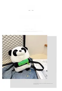 Detail of cute panda plush backpack featuring adjustable straps and bamboo accessory