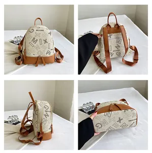 Detailed four-angle view of mini PU leather backpack with letter print and brown straps