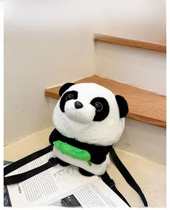 Close-up of soft plush panda backpack featuring cute bamboo detail and nylon straps