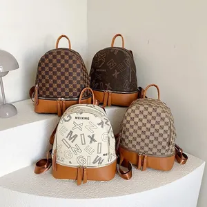 Women Korean Fashion PU Leather Backpack Checkered Monogram Travel Shopping Shoulder Bag With Anti Theft Pocket