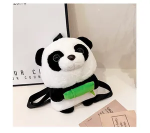 Detail of soft plush panda backpack with cute green bamboo shoot and adjustable straps