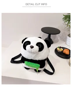 Detail view of panda plush backpack with adjustable nylon straps and bamboo decoration