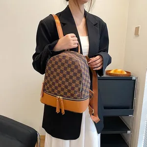 Classic brown checkered pattern fashion backpack with leather straps and gold metal zipper