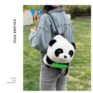 Outdoor side view of a panda plush backpack with bamboo detail on a model back