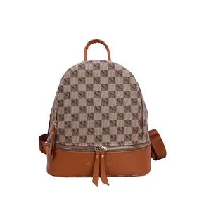 Chic checkered PU leather women's backpack with dual-tone brown panels and adjustable straps