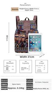 Ethnic backpack dimensions 41x31x16cm with durable nylon fabric and large capacity