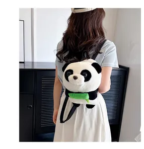 Close-up of cute plush panda backpack showing soft fabric and adjustable black straps