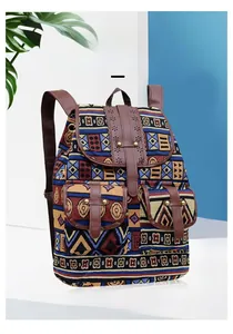 Detailed macro view of ethnic style woven backpack with colorful geometric fabric and leather straps