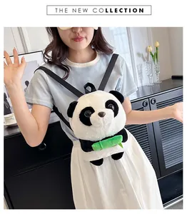 Detail of cute panda plush backpack with bamboo accessory and soft adjustable straps