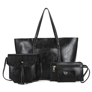 Black 4-piece tote bag set with crossbody bag and wallet in retro embossed faux leather
