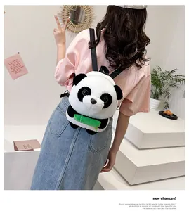 Cute panda plush backpack for kids with green bamboo detail and adjustable straps