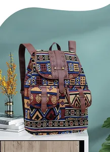 Detail of bohemian backpack with ethnic geometric patterns and brown leather straps