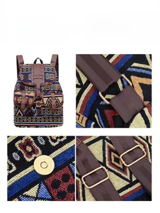 Detail view of ethnic backpack featuring geometric pattern nylon and brown leather straps