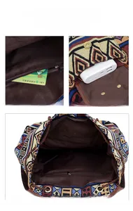 Detailed view of bohemian woven backpack with magnetic front pocket and inner zipper pouch