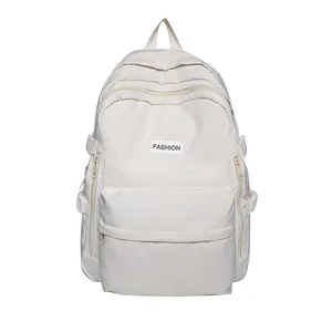 Minimalist ivory school backpack with large capacity and multi-pocket functional design