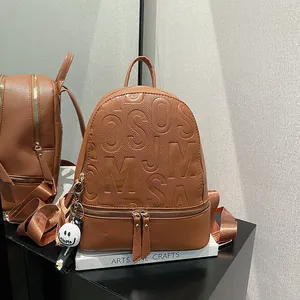 Women Fashion PU Leather Backpack Letter Embossed Water Bucket Bag With Daisy Pendant Casual Travel Daypack Large Capacity