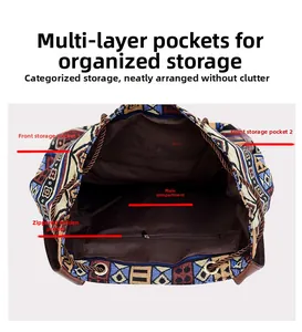 Detailed interior view of ethnic style backpack with large main pocket and zipper compartment