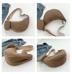 Detailed four-angle views of khaki corduroy half-moon bag with matching small coin purse