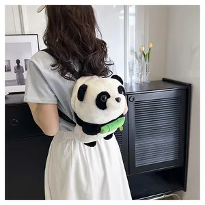 Detail of soft plush panda backpack featuring black and white fur with green bamboo