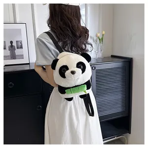 Detail of plush panda backpack showing high-quality fur texture and cute bamboo accessory