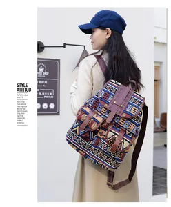 Close-up of bohemian canvas backpack featuring ethnic geometric patterns and leather details