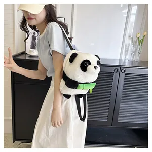 Close-up of cute panda plush backpack featuring soft faux fur and adjustable nylon straps