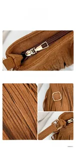 Détails d'un sac seau en daim marron avec de longues franges et une boucle dorée