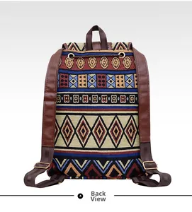 Back view of bohemian backpack showing ethnic geometric patterns and brown leather straps