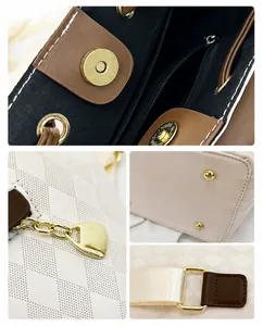 Detail view of cream quilted backpack showing magnetic buckle, metal zipper, and gold rivets