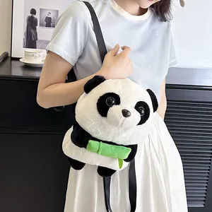 Cute Giant Panda Plush Cartoon Backpack For Kids Women Soft Animal Shaped Schoolbag With Green Bamboo Decor Plushie Bag