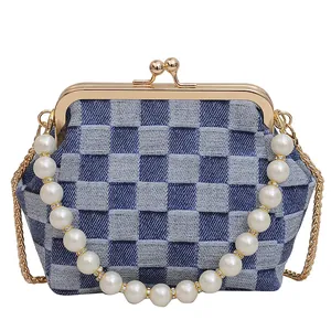 Blue checkerboard shell bag with pearl handle and golden chain strap for women